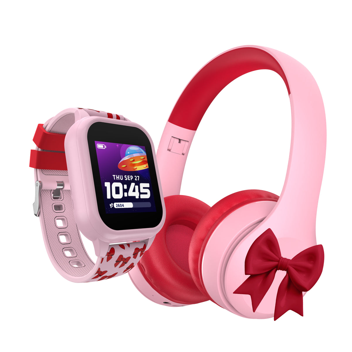 Playzoom 4 Go Kids Smartwatch and Bluetooth Headphone Bundle in Pink/Red Bows
