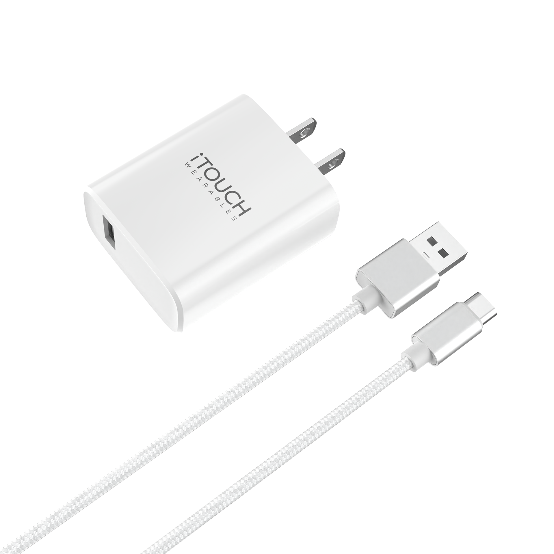 White charging adapter and cable with 'iTouch' branding on a white background