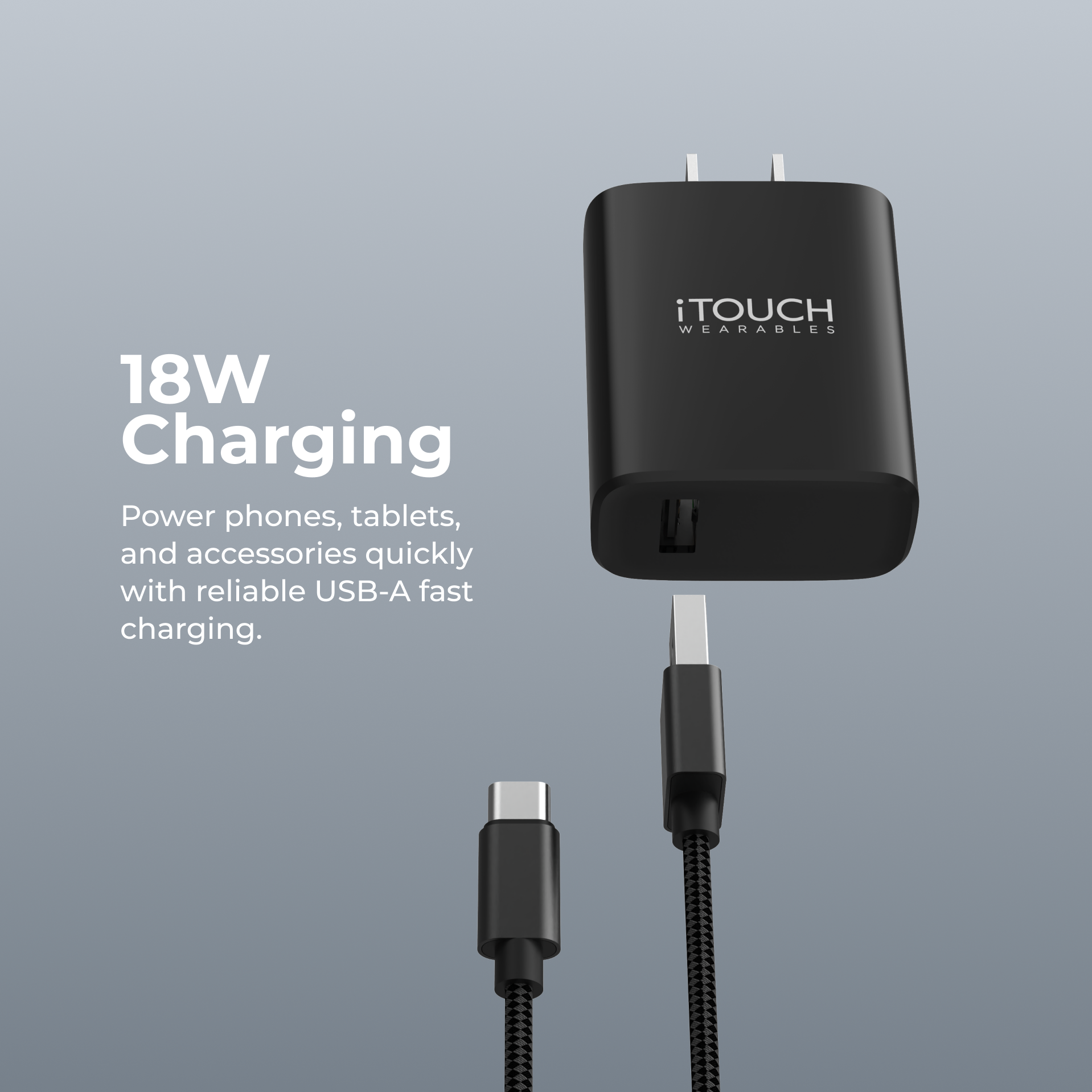 Black charging adapter with USB-A cable on a gray background, featuring 'iTouch' branding.