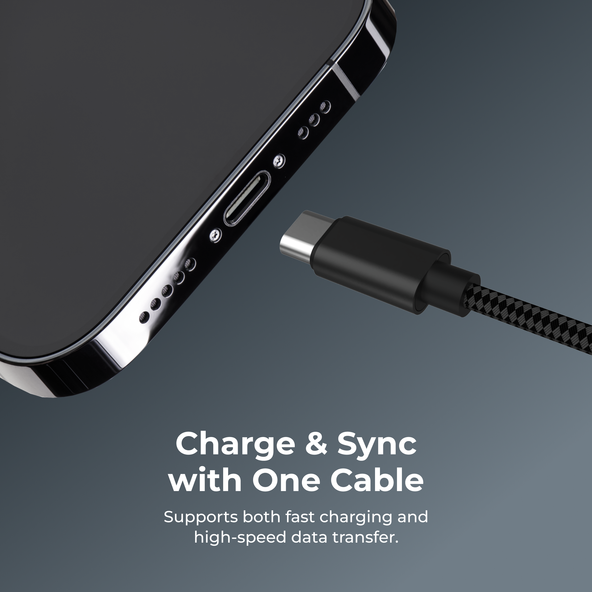 Smartphone with USB-C charging cable on a dark background