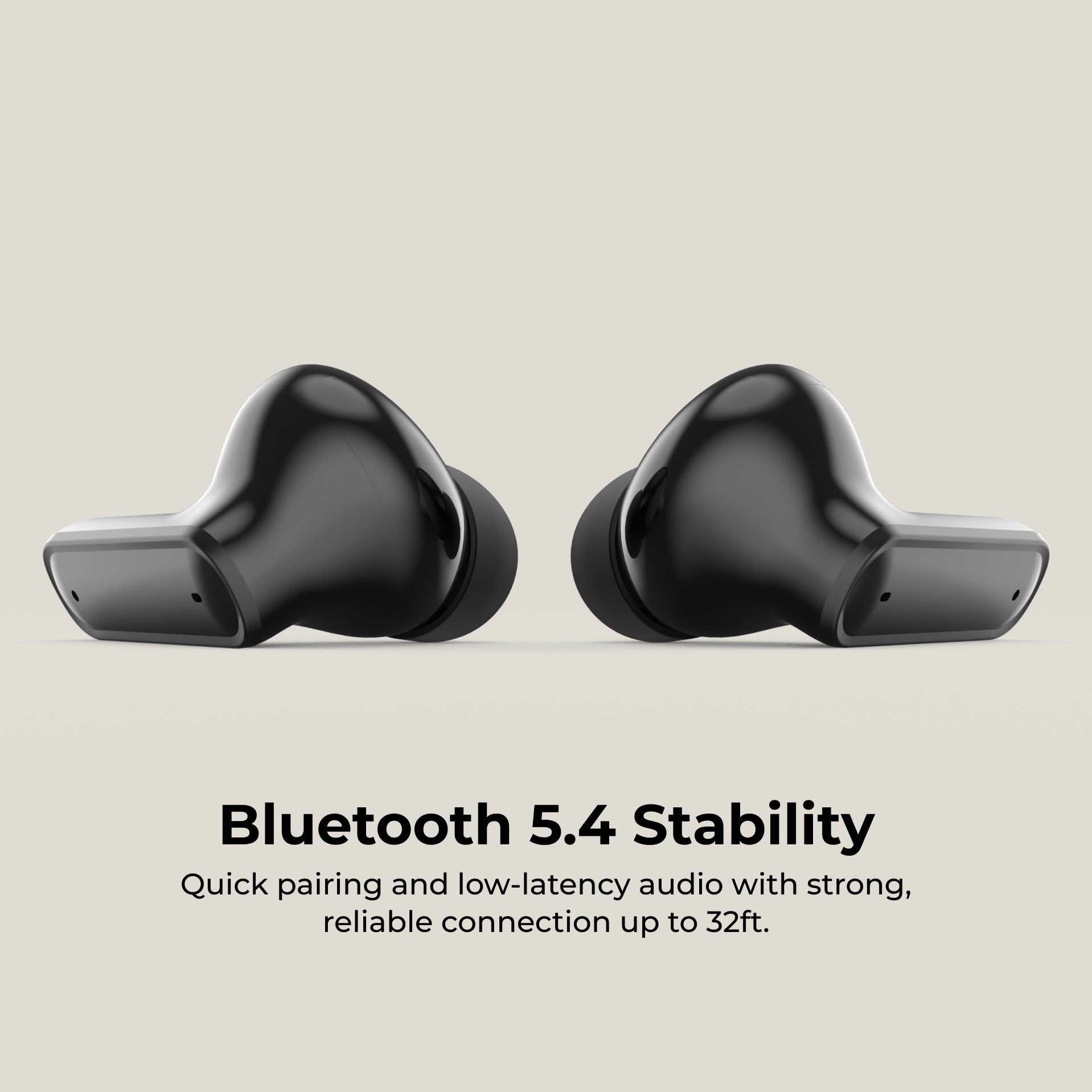 Black wireless earbuds on a light gray background with text about Bluetooth 5.4 stability.