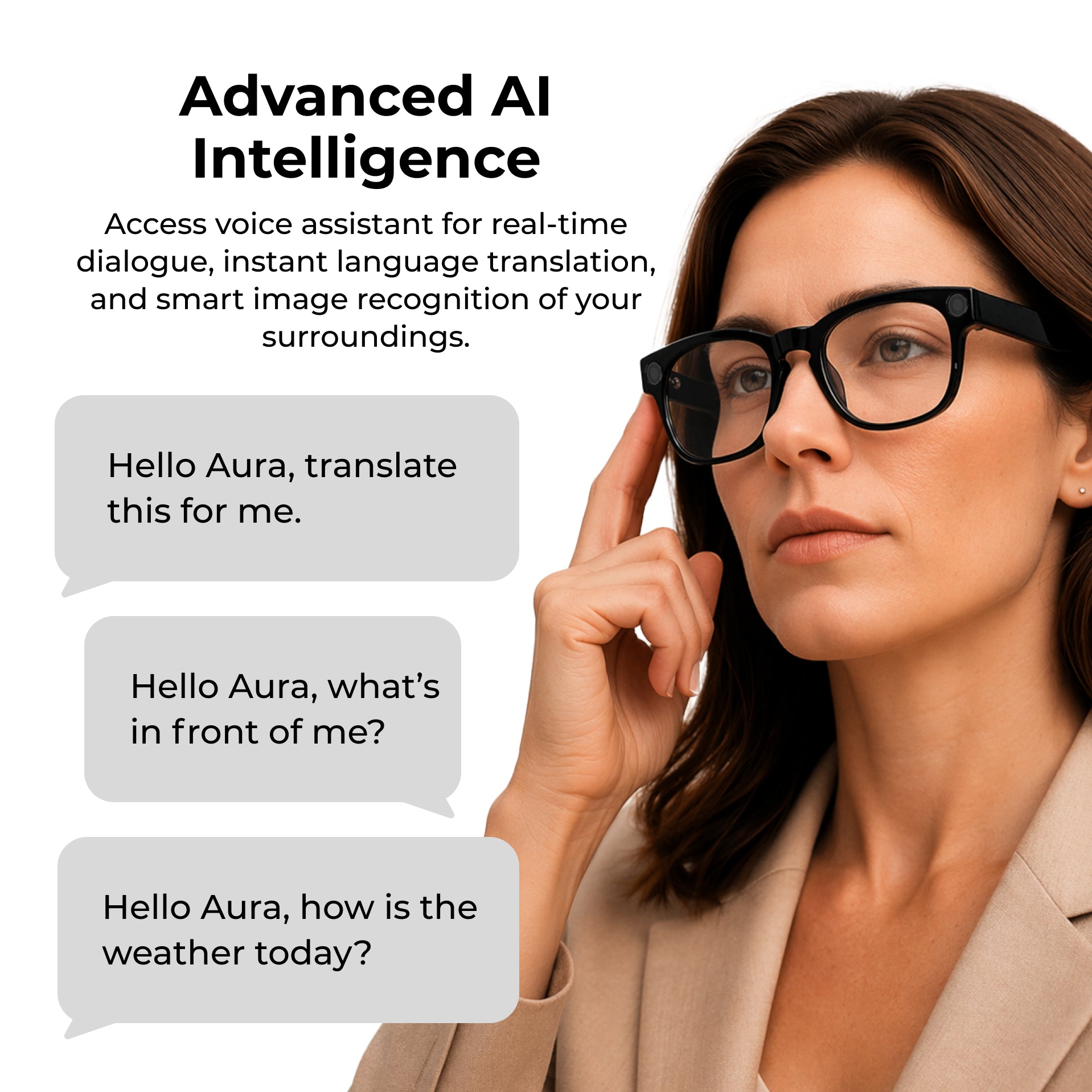 A woman with brown hair and black eyeglasses is shown in a close-up profile against a white background, with text and chat bubbles advertising an advanced AI voice assistant named Aura.
