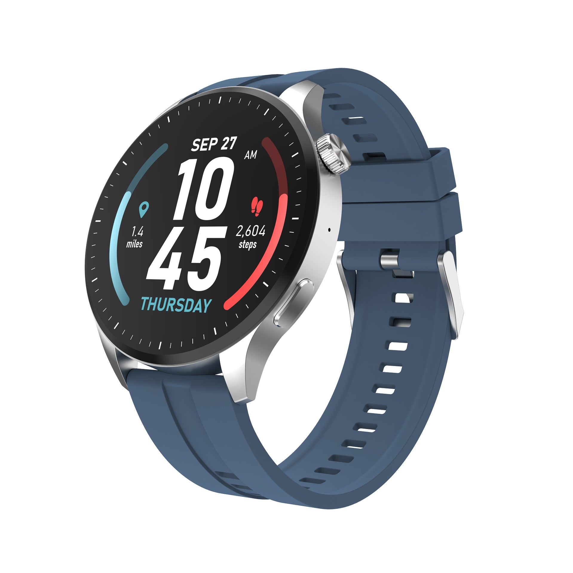 A smartwatch with a round silver-tone case and a dark blue silicone strap, shown on a plain white background. The watch face is active with a digital display showing the time and fitness metrics.