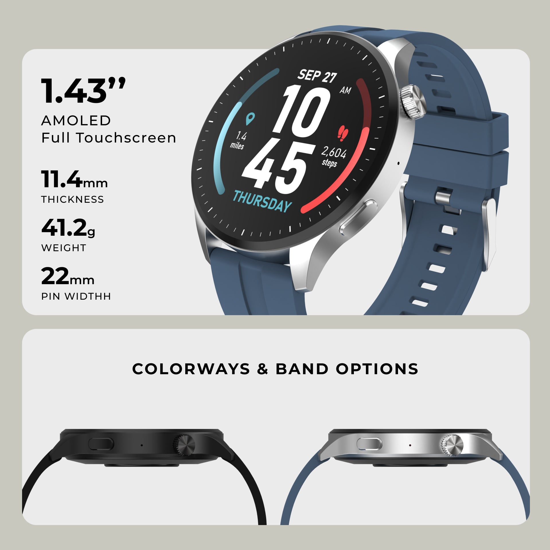Promotional graphic for a smartwatch showing a round silver-and-black watch with a blue strap on a light gray background. Text on the left lists screen size, thickness, weight, and pin width.