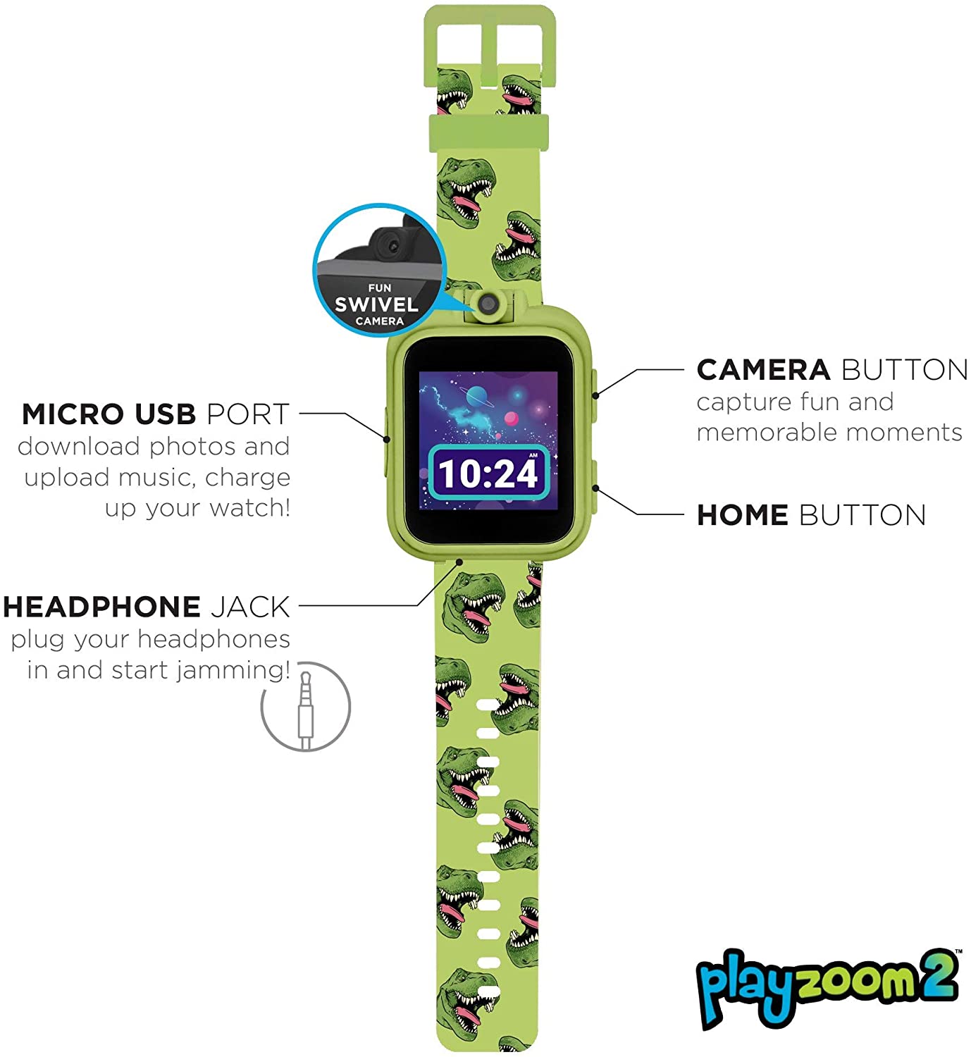 PlayZoom 2 Kids Smartwatch & Earbuds Set: Green Dinosaur Print