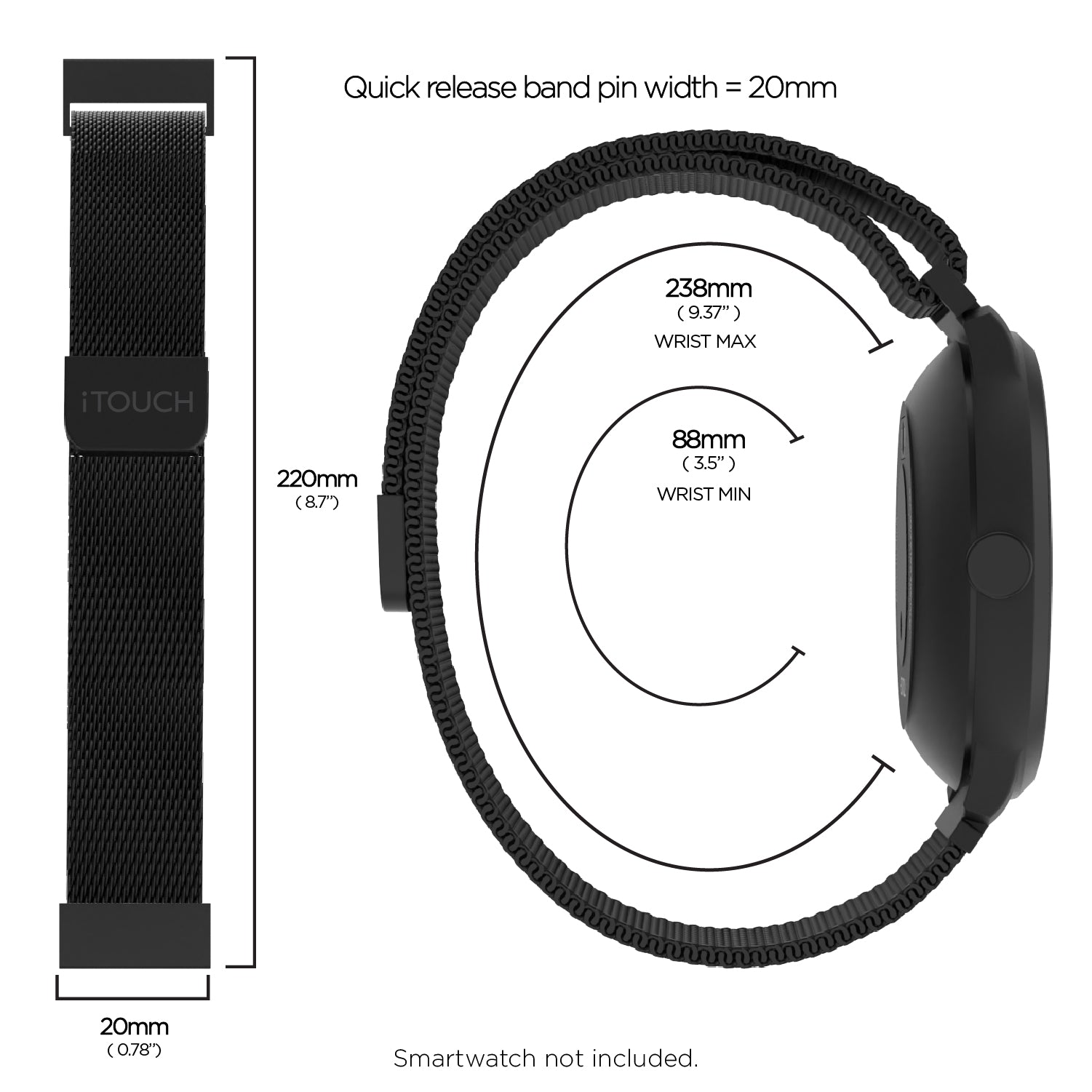 iTouch Air 3 40mm, Sport 3 & Sport Interchangeable Strap: Black Mesh affordable smart watch strap