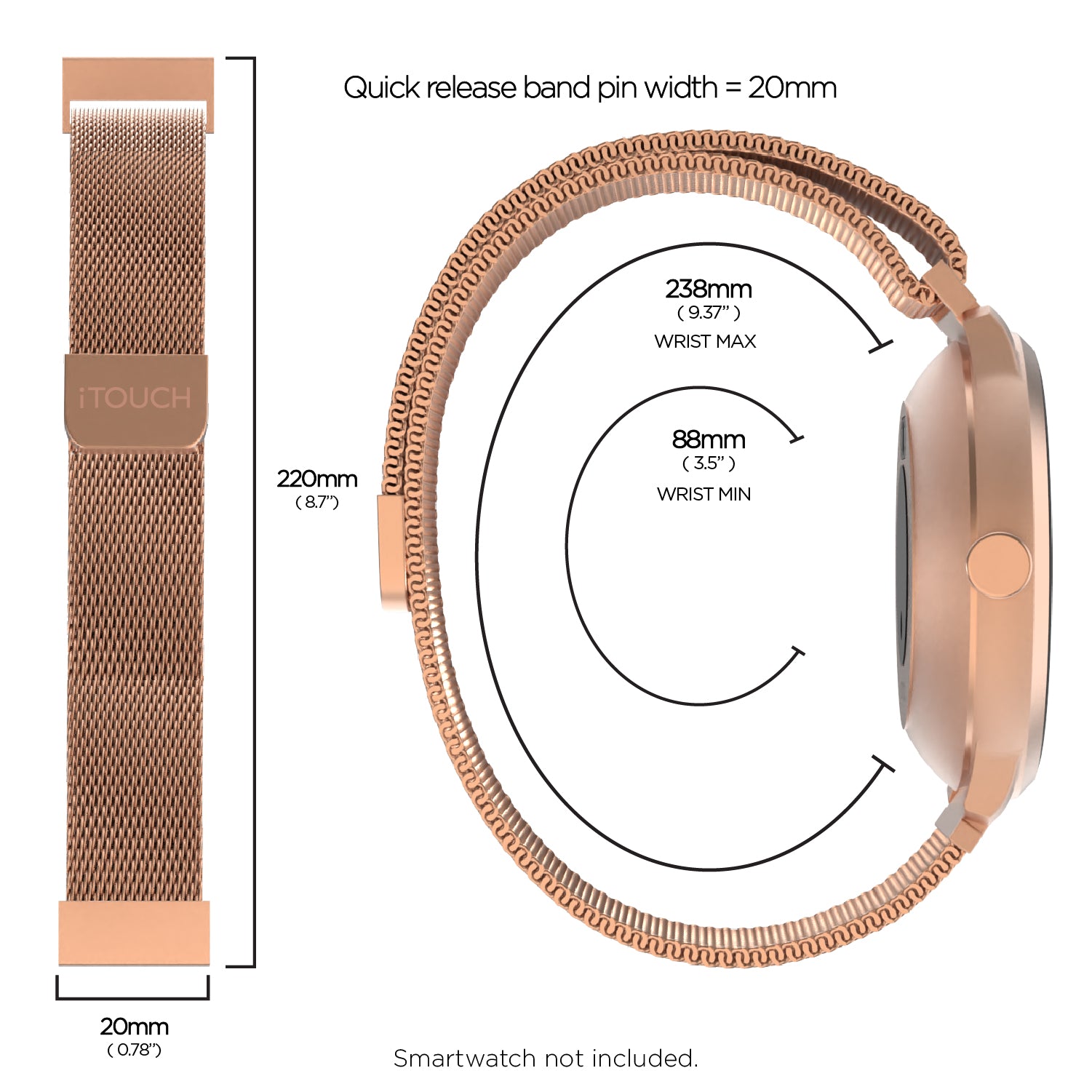 iTouch Air 3 40mm, Sport 3 & Sport Interchangeable Strap: Rose Gold Mesh affordable smart watch strap
