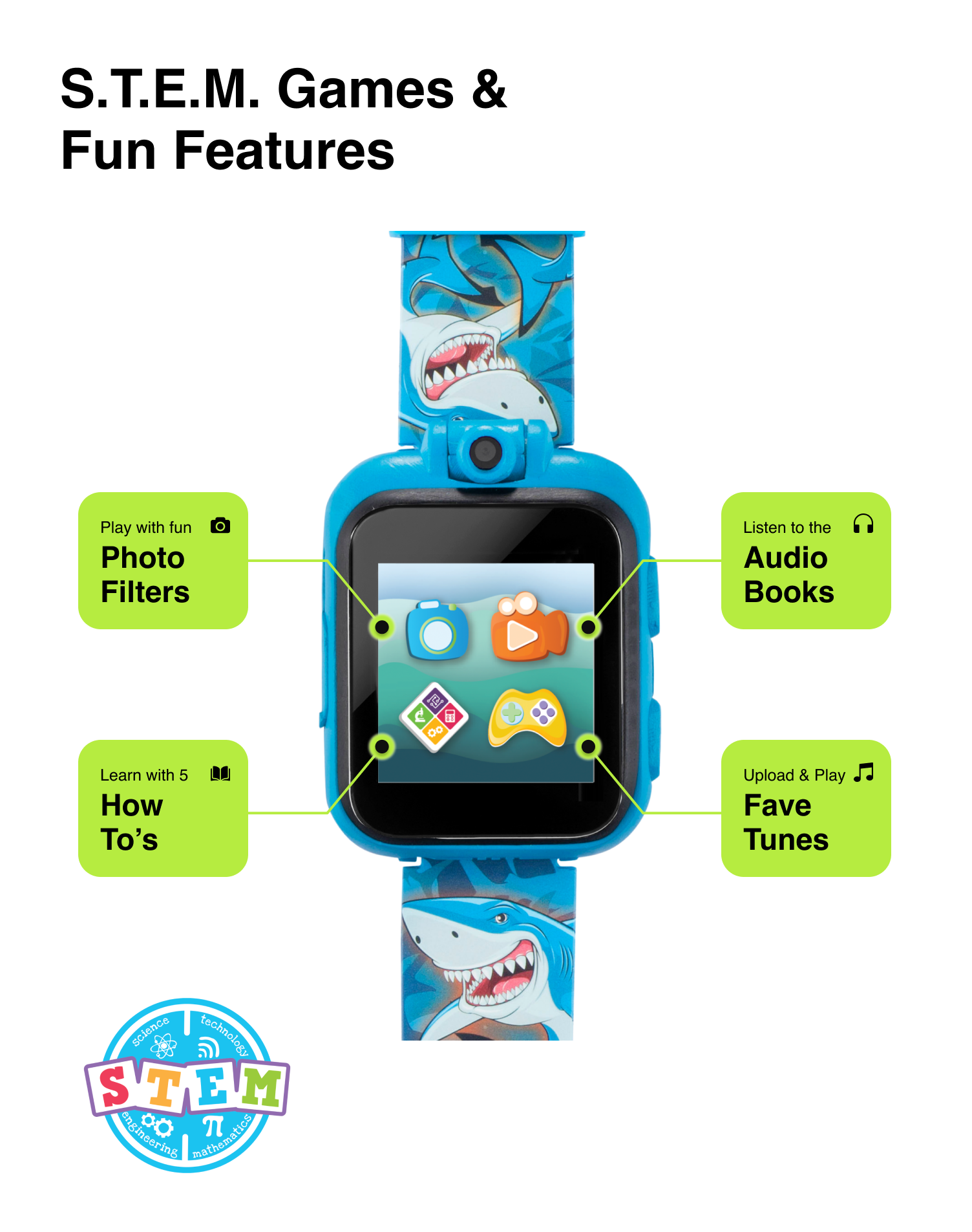 PlayZoom 2 Kids Smartwatch: Shark Print in Blue affordable smart watch