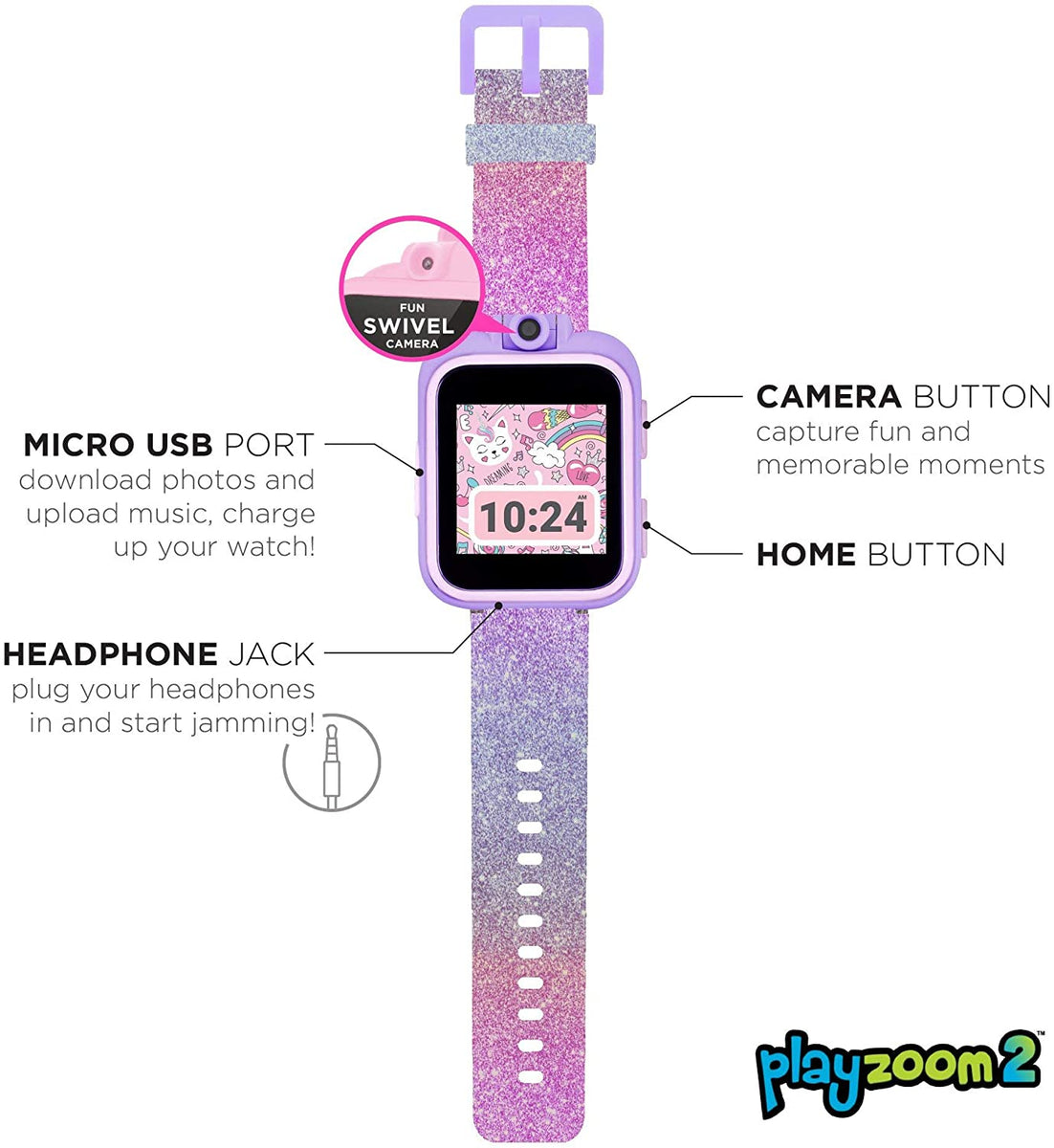 PlayZoom Kids Smartwatch: Purple/Pink Glitter - Main Image