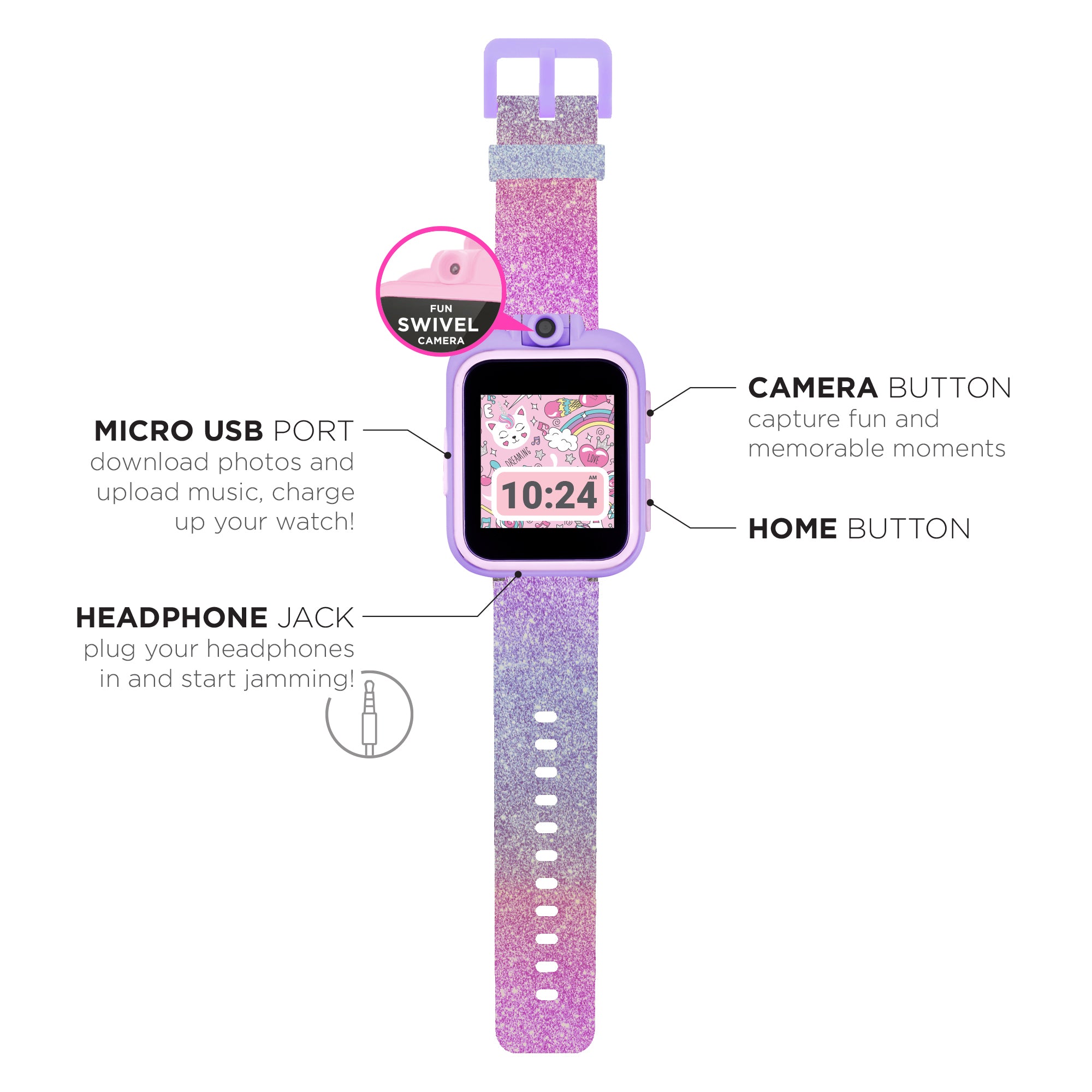 PlayZoom 2 Kids Smartwatch with Headphones: Purple Glitter affordable smart watch with headphone