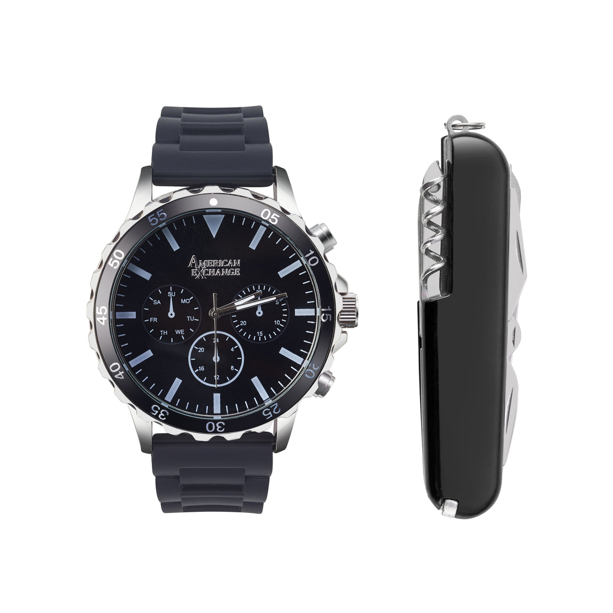 American Exchange Men s Black Rubber Strap Watch 50mm Gift Set