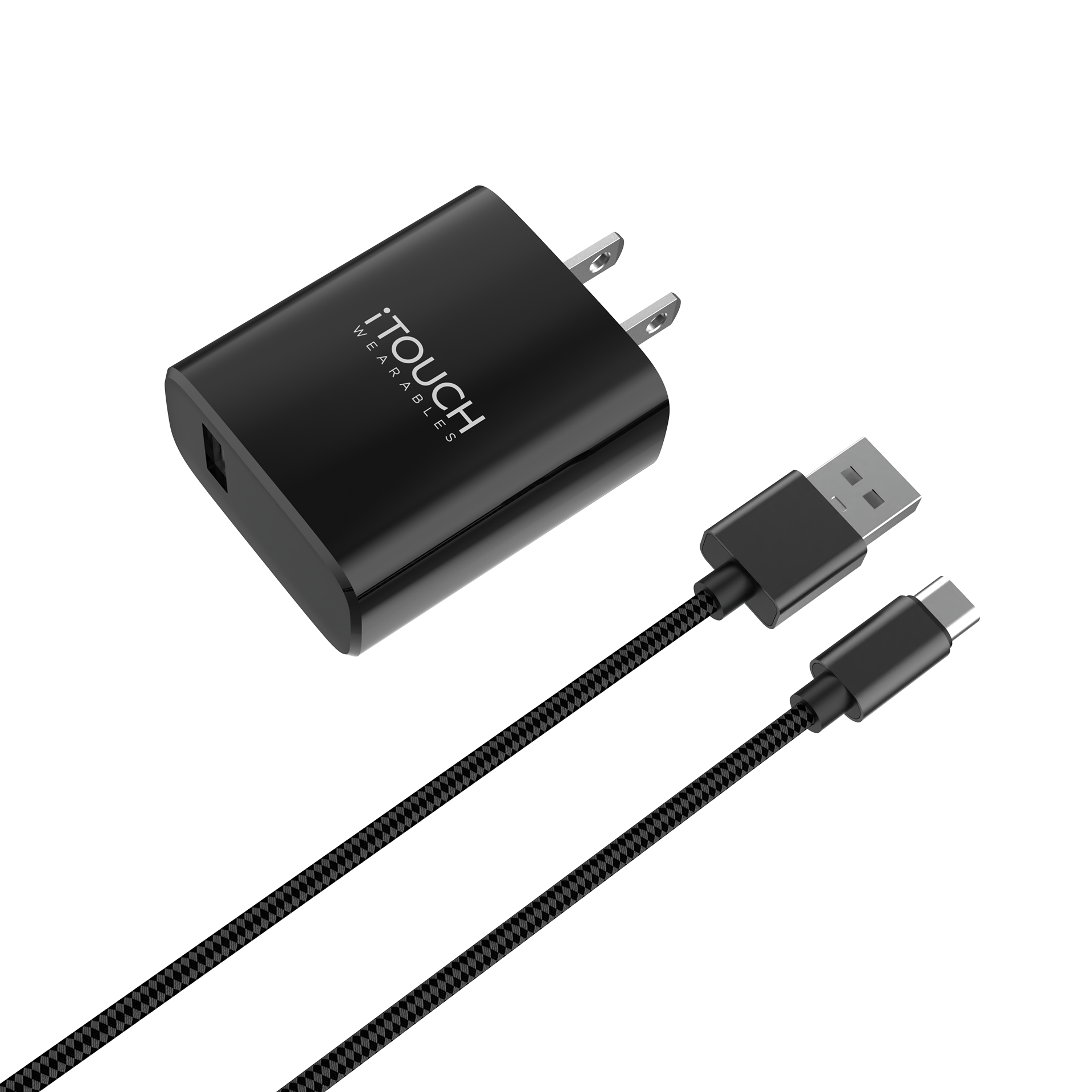 Black charging adapter with USB cable on a white background