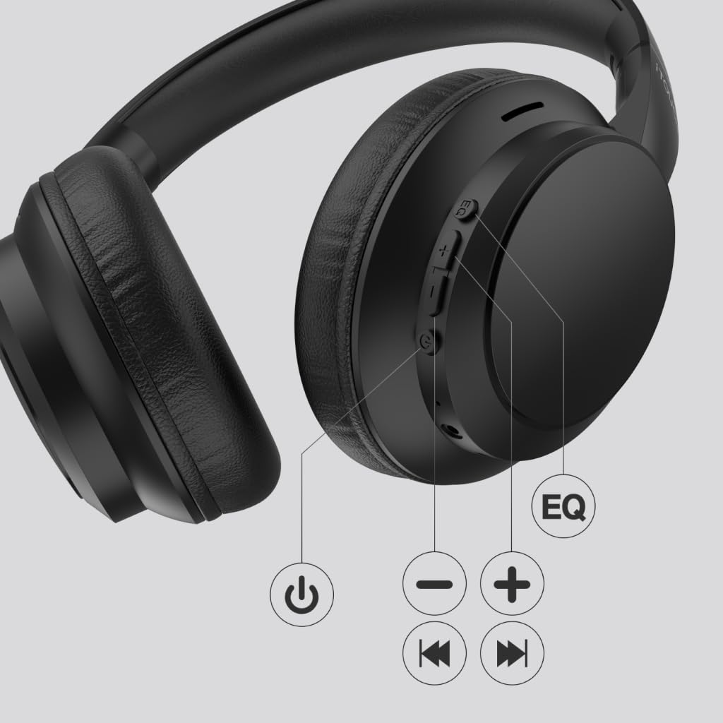 Black headphones with control icons on a light gray background
