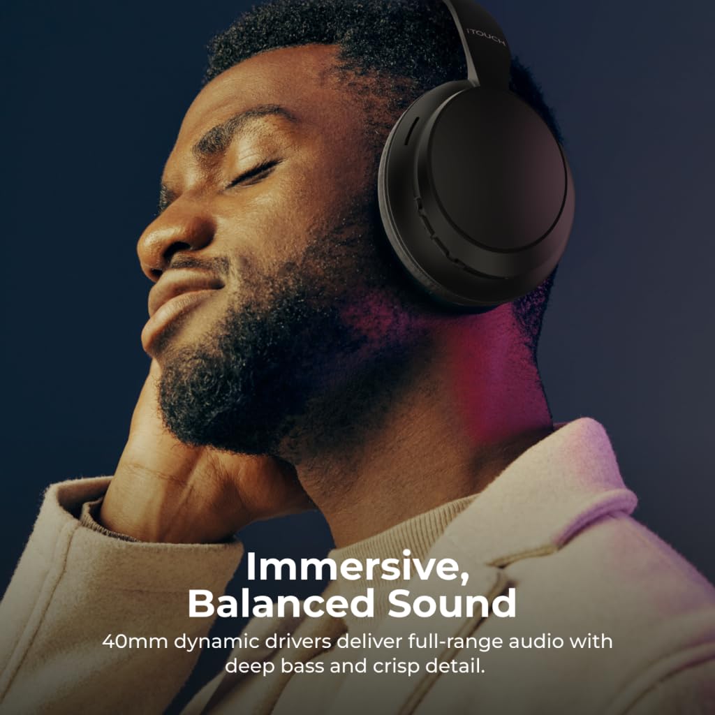 Man wearing headphones with text about immersive sound quality
