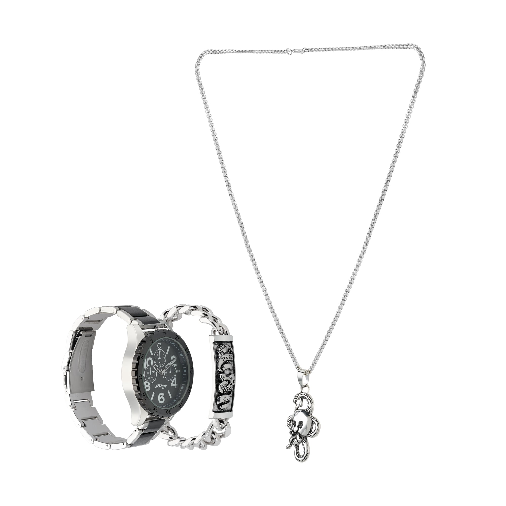 Ed Hardy Men's Two Tone Metal Bracelet Watch 46mm Gift Set
