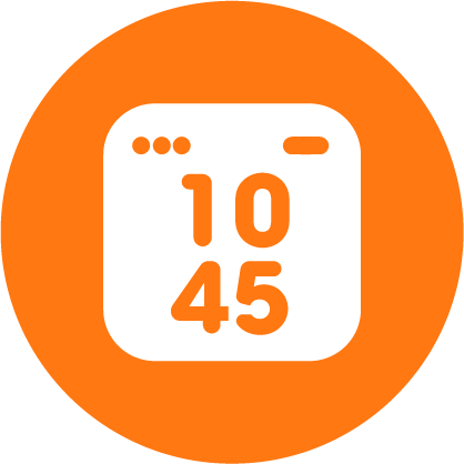 White digital clock with '10 45' on an orange circle background