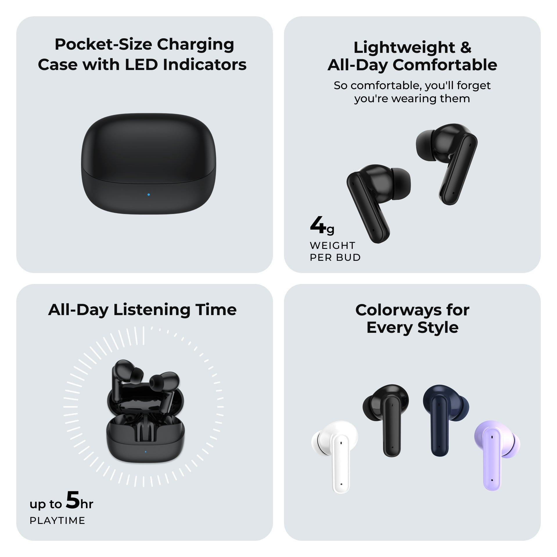 Promotional graphic of wireless earbuds with charging case and features listed.
