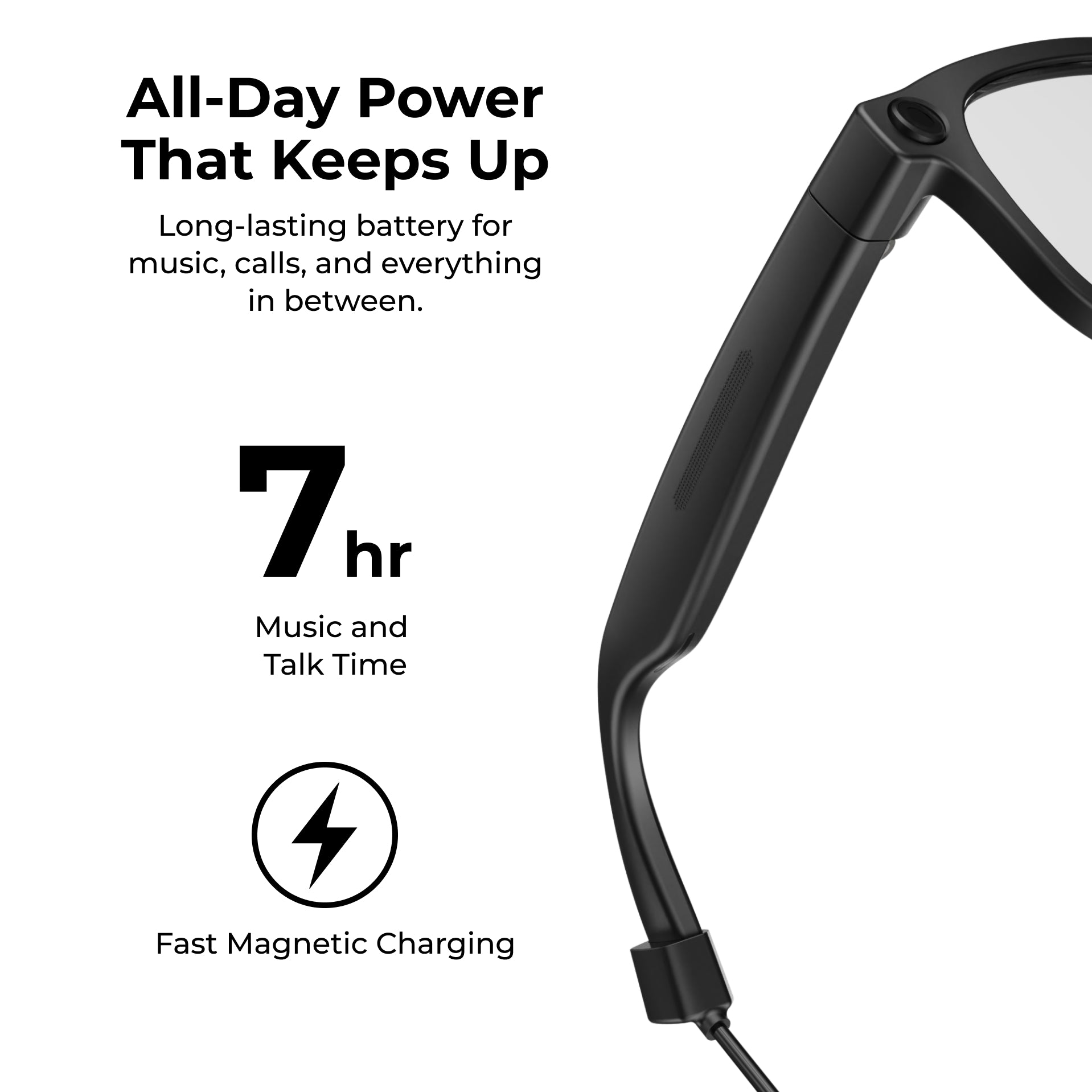 Black wired earbud-style headphones shown on a white background with marketing text reading 'All-Day Power That Keeps Up,' '7 hr Music and Talk Time,' and 'Fast Magnetic Charging.'.