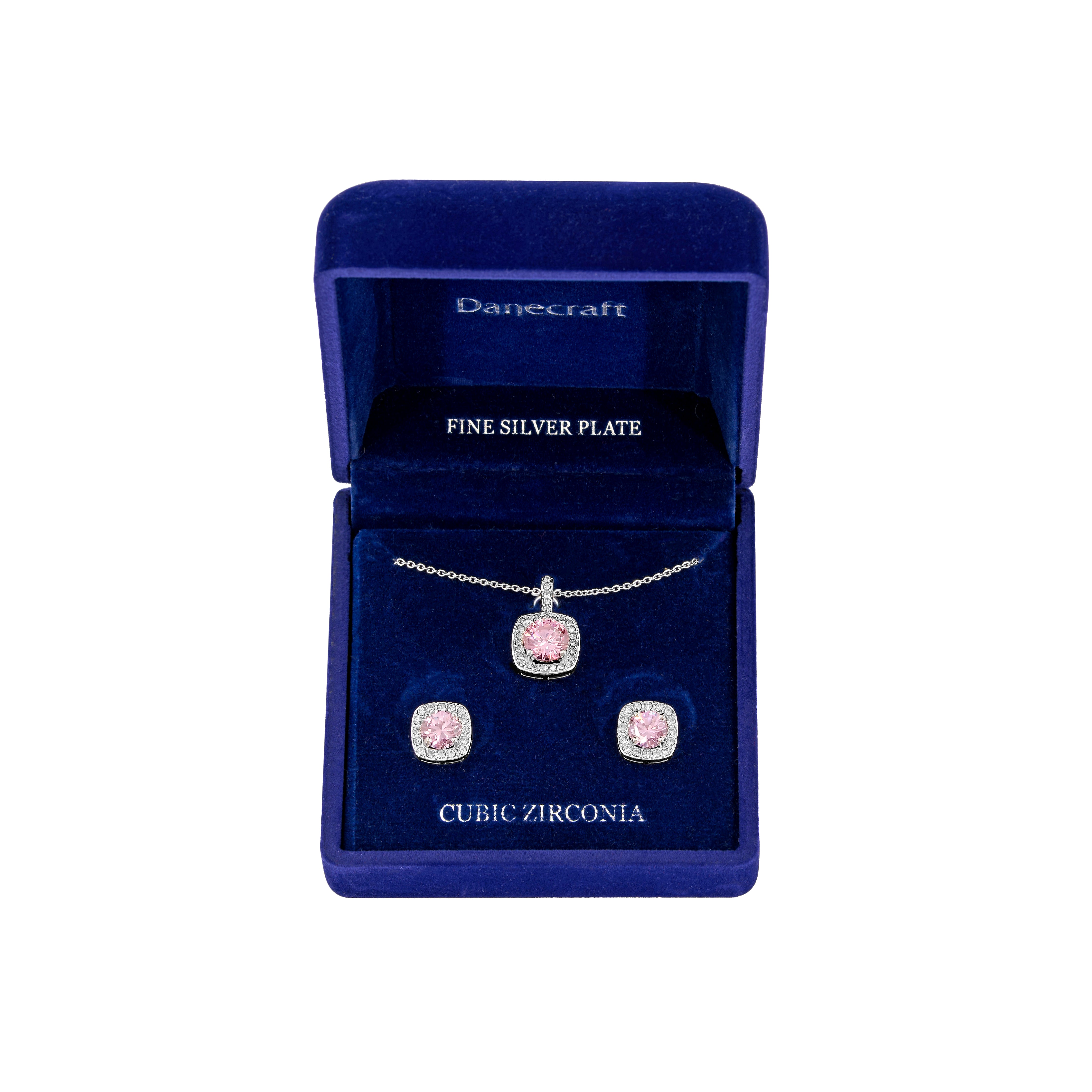Danecraft Cubic Zirconia Cushoin Cut Pendant Necklace & Earrings Set