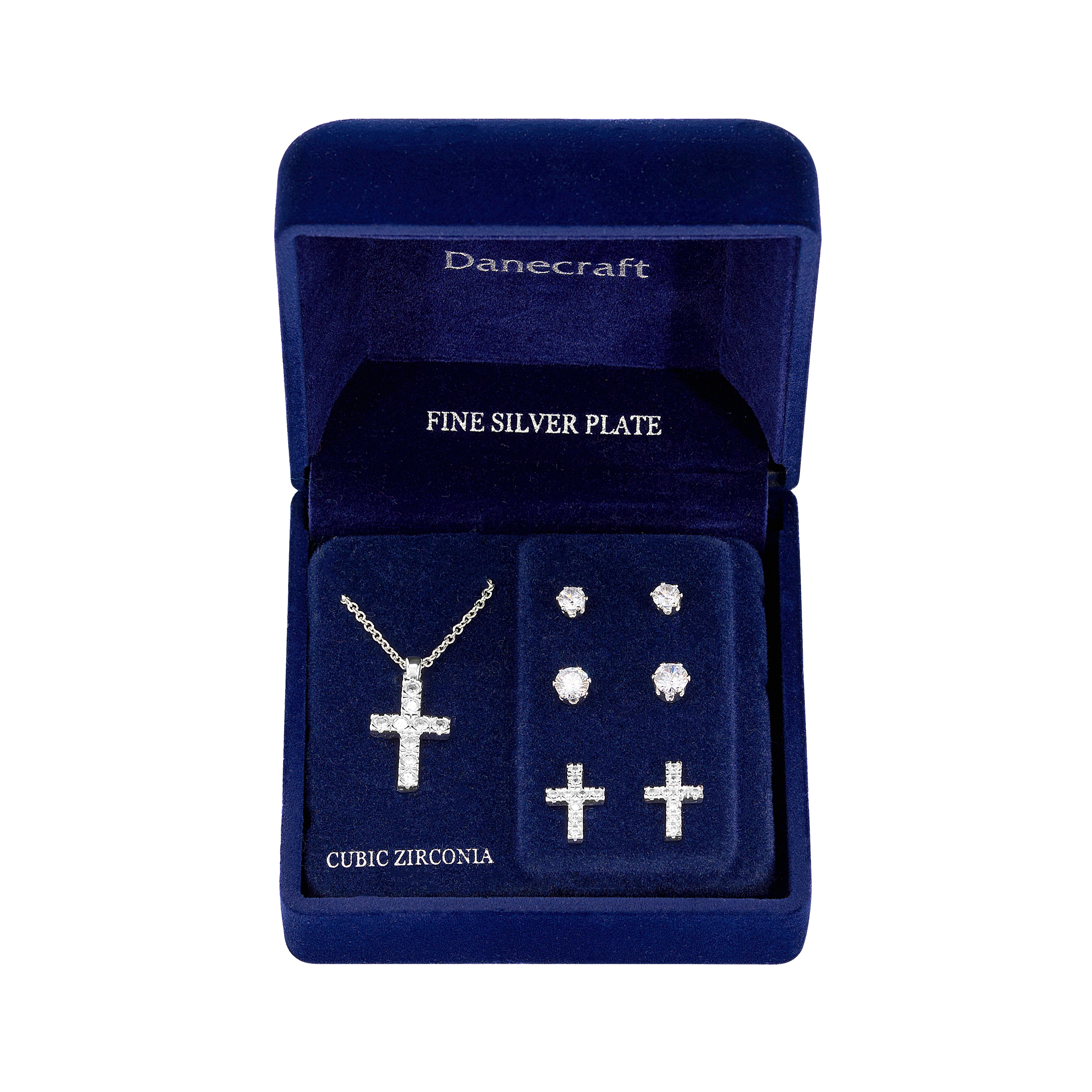 Danecraft Cubic Zirconia Cross Pendant Neckla ce & Earrings Set