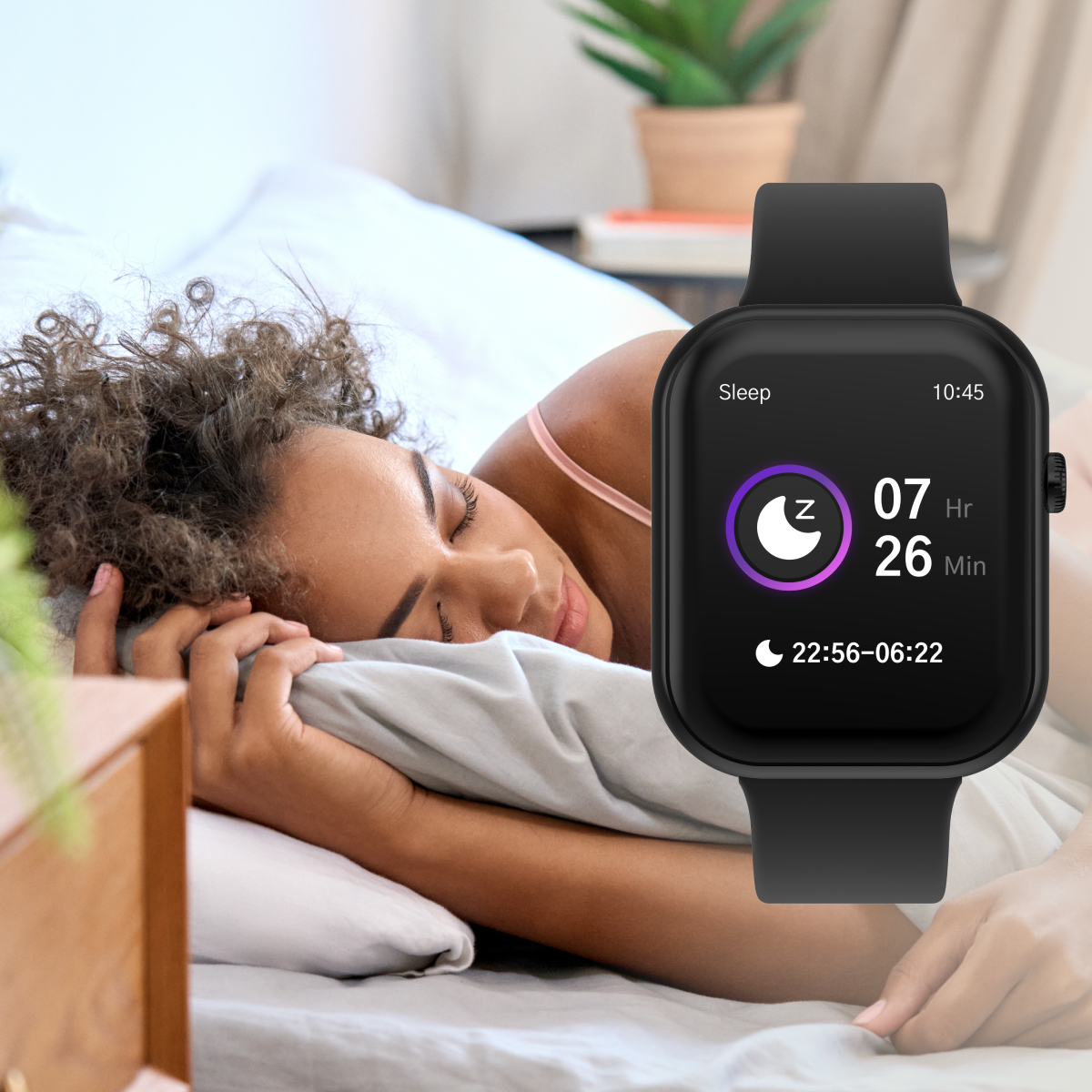 Woman lying in bed with a smartwatch displaying sleep tracking information.
