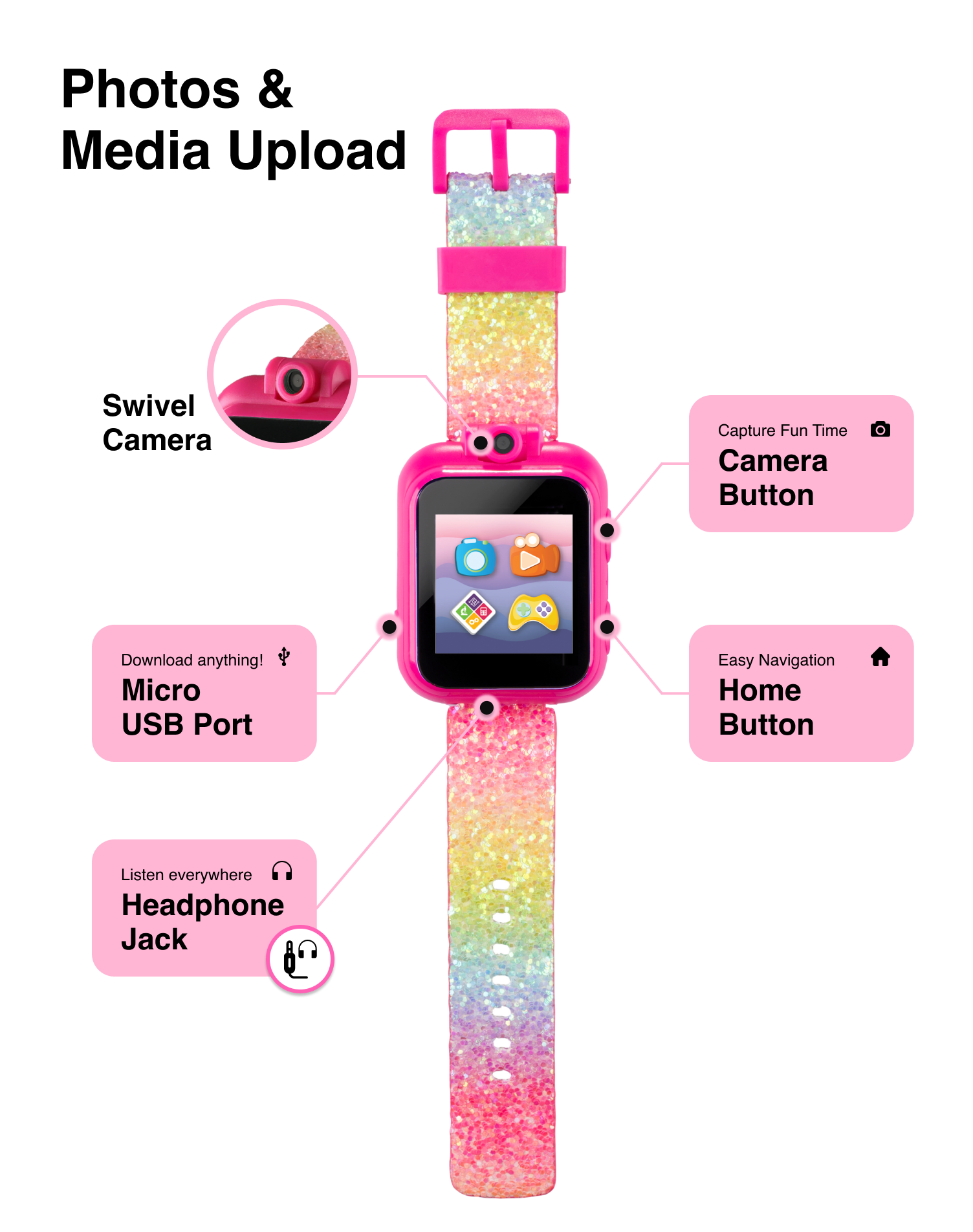 PlayZoom 2 Kids Smartwatch: Pastel Rainbow Glitter Print affordable smart watch