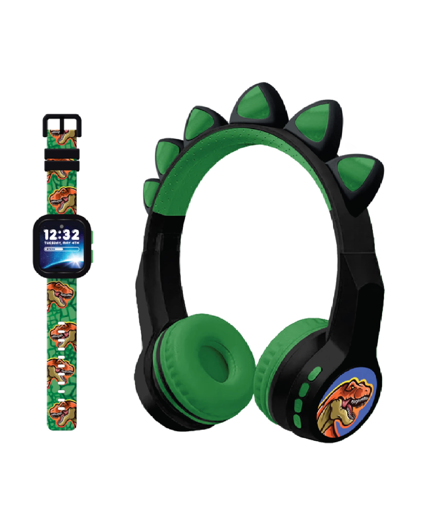 PlayZoom Boys V3 Black Green Dinosaur W Bluetooth Headphone Set