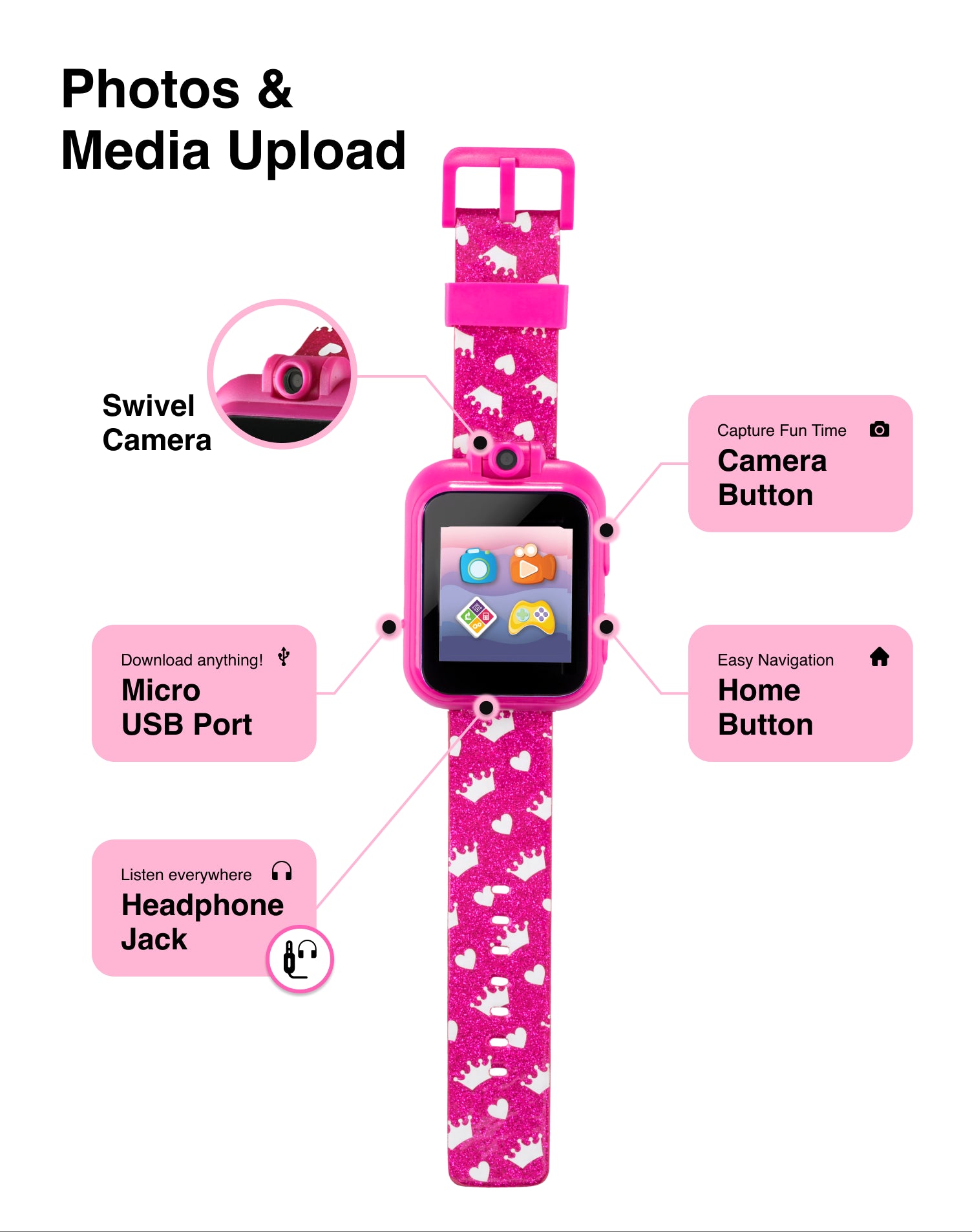 PlayZoom Kids Smartwatch with Headphones: Fuchsia Multi with Crown affordable smart watch with headphones