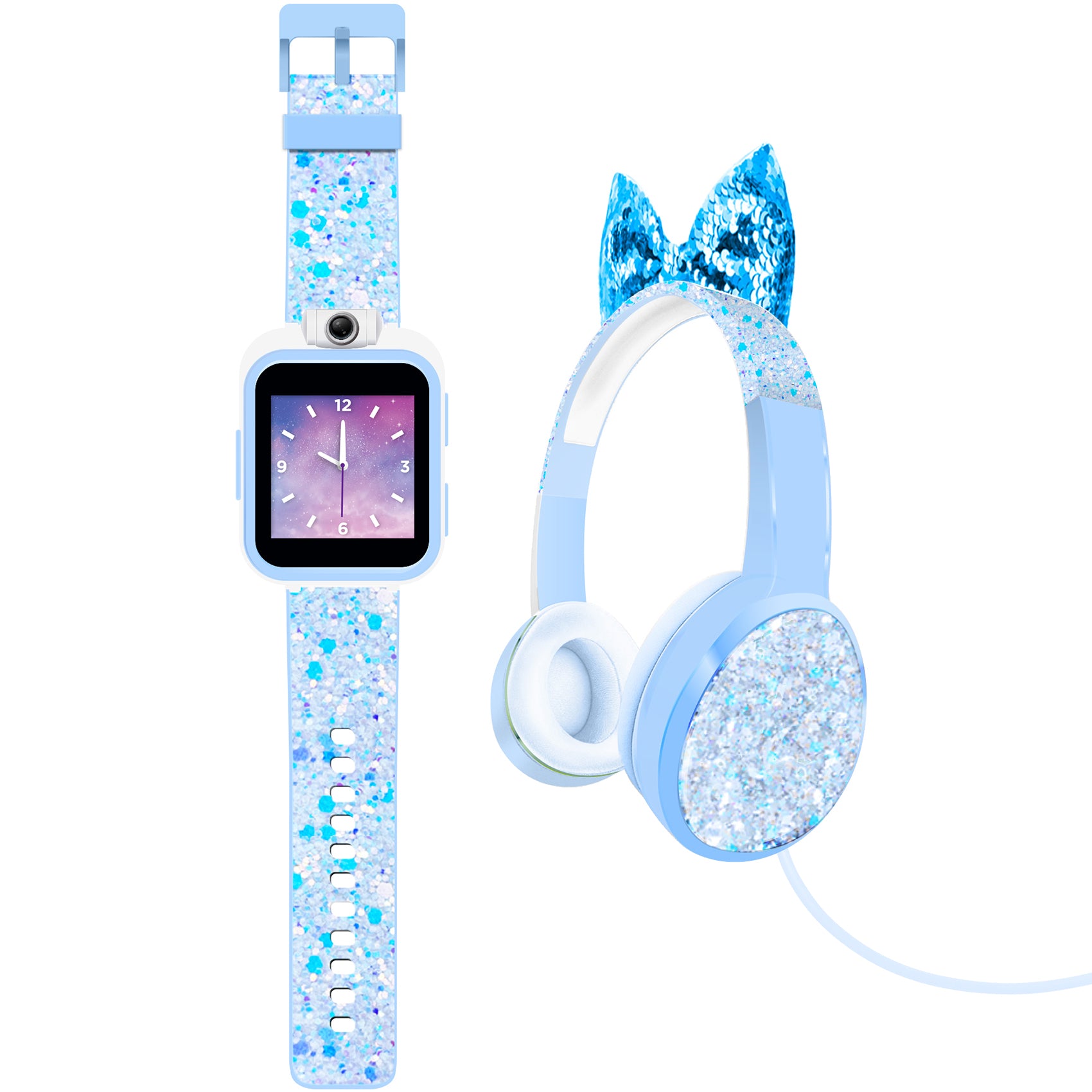 PlayZoom 2 Kids Smartwatch with Headphones: Light Blue Sparkle affordable smart watch with headphones