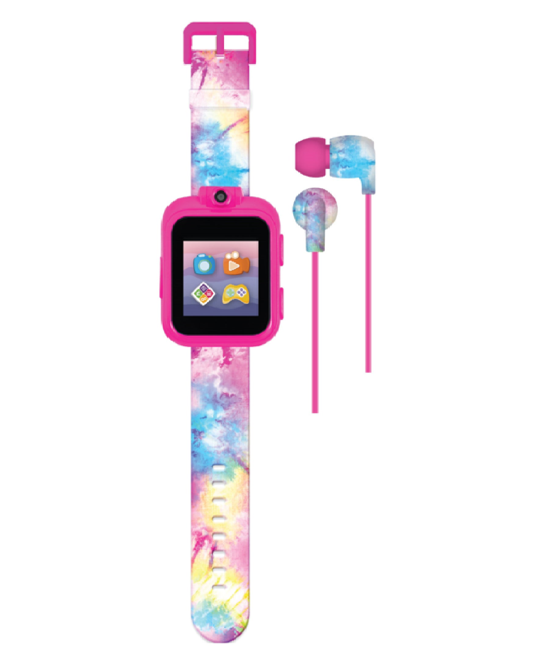Playzoom 2 Kids Smartwatch & Earbuds Set: Pink, Blue, Yellow Tie Dye